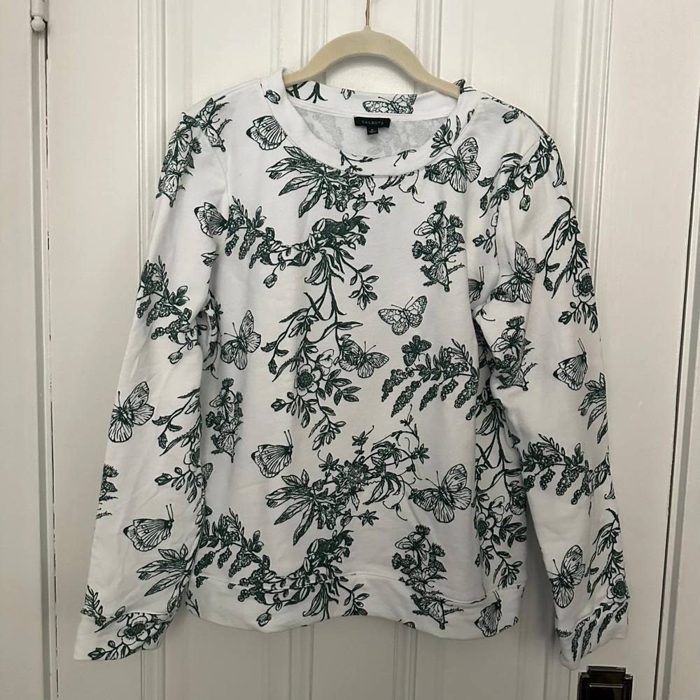 Talbots Botanical Butterfly‎ Print Cotton Top White Green Women's Medium